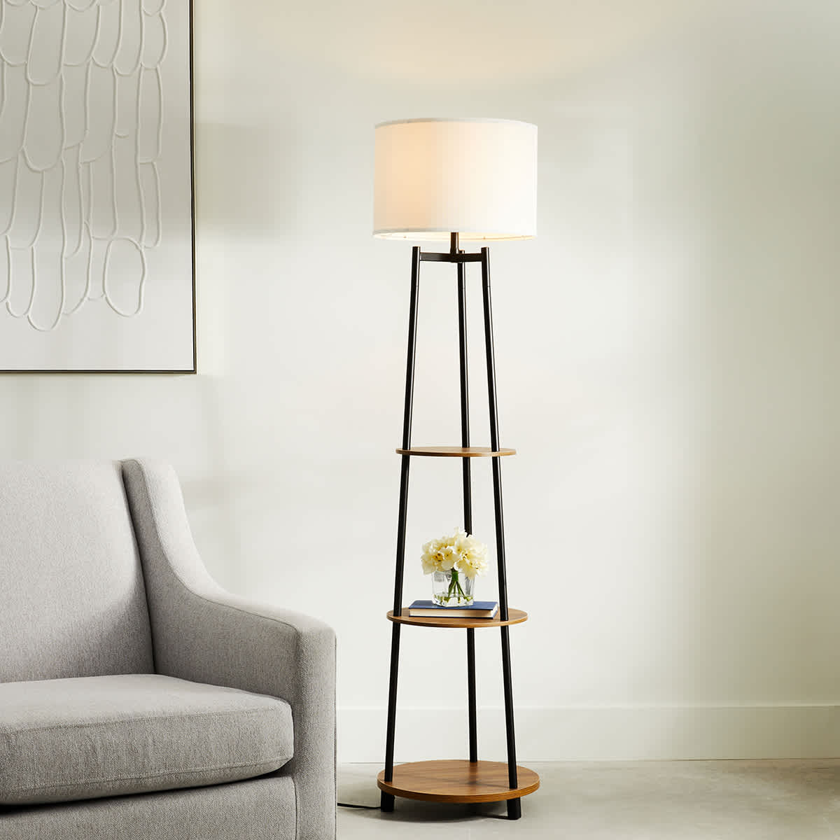 Wood Metal Finish Shelf Floor Lamp with White Fabric Drum Shade 64