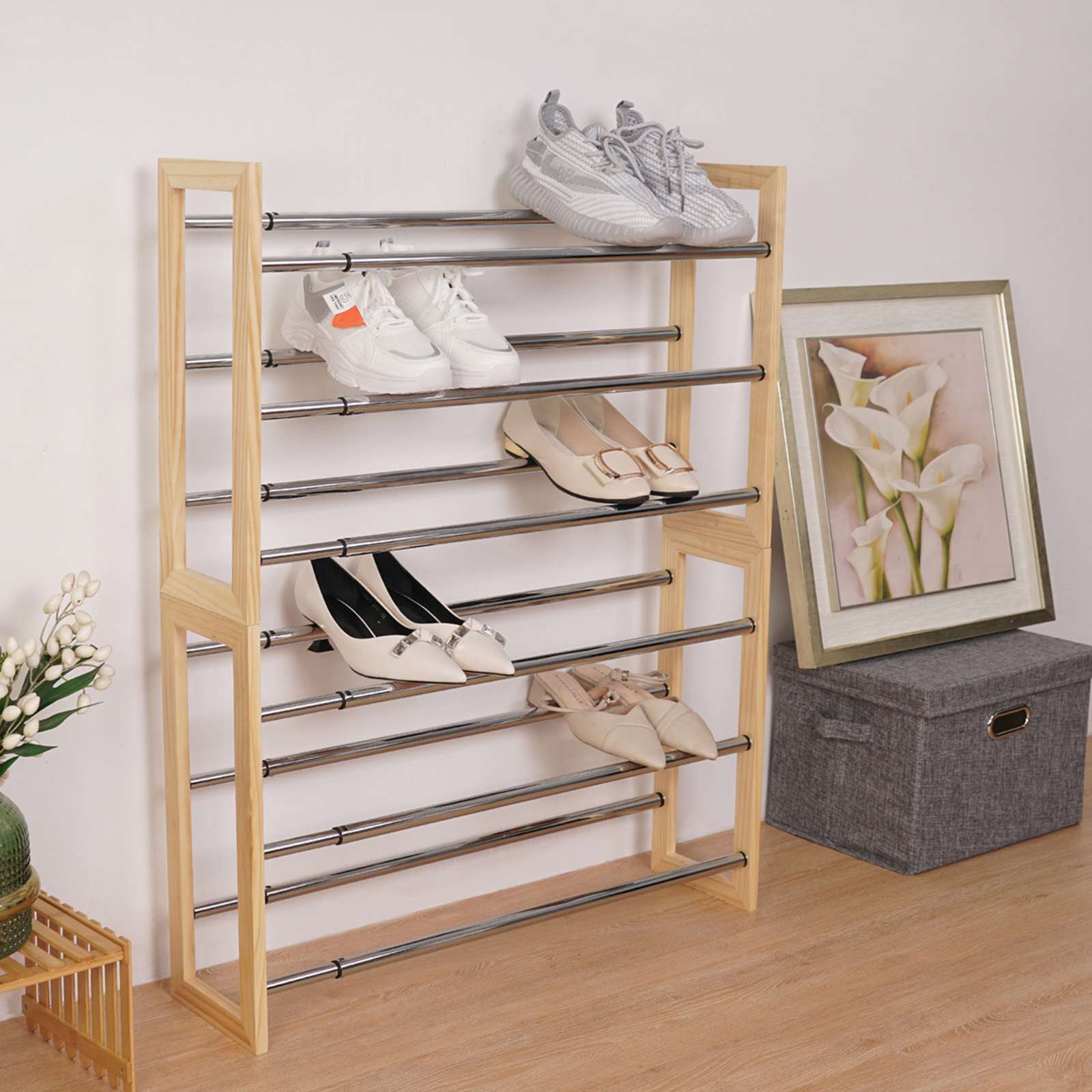 3-Tier Bamboo & Silver Expandable Shoe Rack