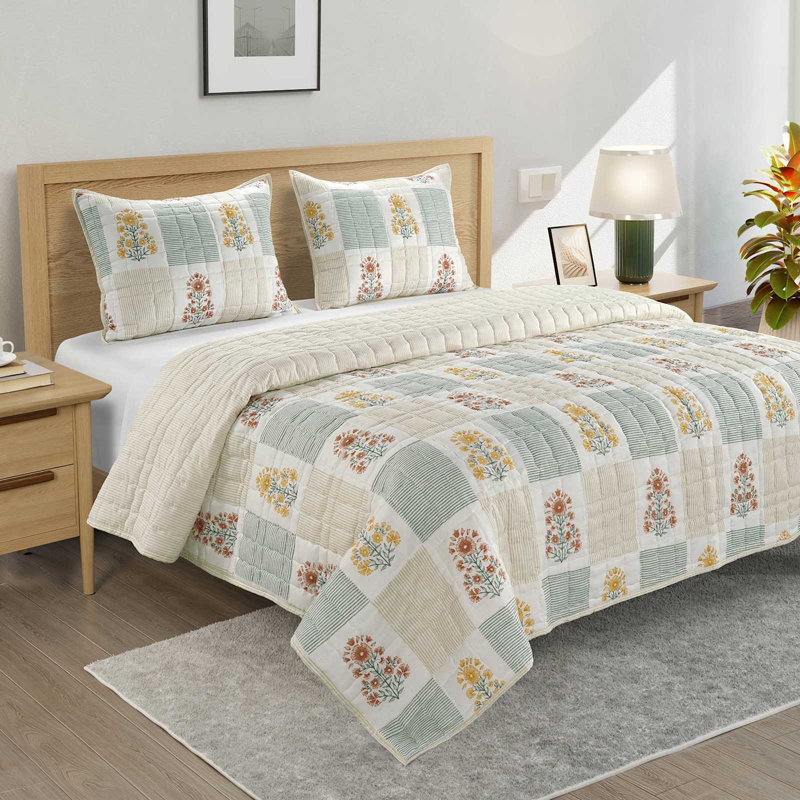 Honeybloom 3 Piece Floral Block Print Gauze Quilt Set King Honeybloom 3 Piece Floral Block Print Gauze Quilt Set King