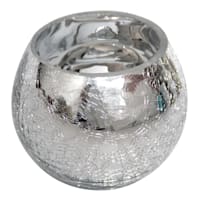 Metallic Silver Crackled Round Glass Candle Holder, 4"