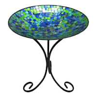 Blue & Green Mosaic Tile Glass Outdoor Birdbath with Folding Metal Stand, 21"