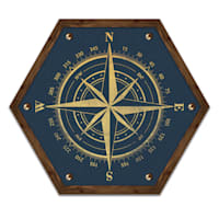 Blue Compass Hexagon Wood Wall Art, 10x12