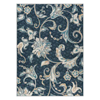 (D406) Navy Blue Floral Design Area Rug, 5x7