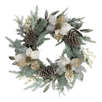Metallic Gold Poinsettia & Pinecone Flocked Wreath, 24"