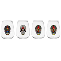 Set of 4 Sugar Skull Stemless Wine Glasses