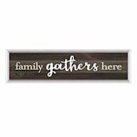 8X30 Family Gathers Here Framed Plaque With Lifted Word