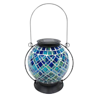 Blue Mosaic Glass Ball Outdoor Lantern with Metal Handle, 8"