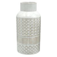 White Tribal Patterned Ceramic Vase, 10"