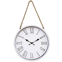 Distressed White Round Hanging Wall Clock with Rope, 16"