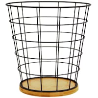 Matte Black Wire & Bamboo Wood Tapered Wastebasket, 10.3"