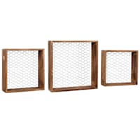 3-Piece Brown Wooden Cube Chicken Wire Shelf Set, 14"