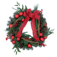 Red Ornaments, Berry & Ribbon Wreath, 22"