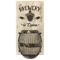 The Brewery Is Open White Bottle Opener with Barrel Cap Catcher, 8x15