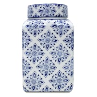 Blue Floral Ceramic Jar with Lid, 8"