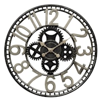 Black & Silver Round Wall Clock with Cutout Gear & Open Hands, 20"