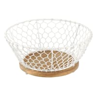 White Iron Chicken Wire Weave & Mango Wood Basket, Small