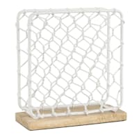 White Iron Chicken Wire Napkin Holder with Mango Wood Base