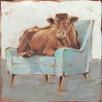 Cow Sitting on Blue Chair Canvas Wall Art, 22"