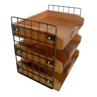 3-Tier Black Wooden Desk Organizer with Metal Grid