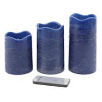 Honeybloom Set of 3 Dark Blue Wavy Top Wax LED Pillar Candles, 4"/5"/6"