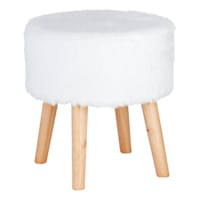 Emmy Stool with Wooden Legs, White Faux Fur
