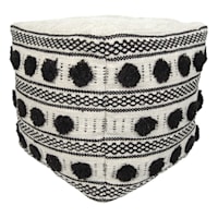 Black & White Fringed Outdoor Pouf, 18"