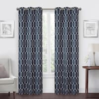 Navy Faux Silk Embroidered Blackout Grommet Curtain Panel, 84"