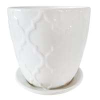 Indoor White Embossed Ceramic Pot with Saucer, 6"