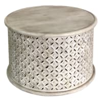 Wooden Cutout Drum Coffee Table, White Washed Finish