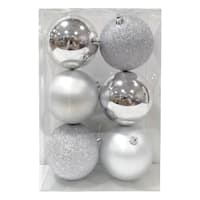 6-Count Silver Mix Shatterproof Ornaments, 100mm