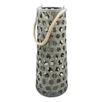 Grey Wood Cutout Lantern with Rope Handle, 20"