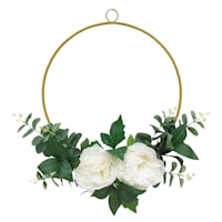 White Peony Half Wreath with Gold Metal Hoop, 14"