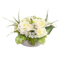 White Rose & Hydrangea Floral Arrangement with Cement Planter, 12"