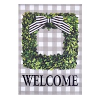 Boxwood Welcome Wreath Plaid Garden Flag, 18"