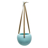 Leather Hanging Light Blue Smooth Ceramic Pot, 4"