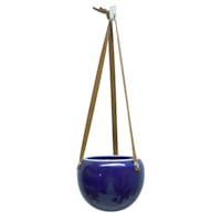 Indoor Leather Hanging Dark Blue Smooth Ceramic Pot, 4"