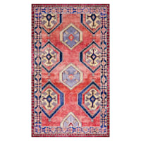 (D565) Freya Red & Blue Medallion Washable Accent Rug, 3x5