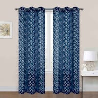 2-Pack Navy Blue Embroidered Scroll Grommet Curtain Panels, 84"