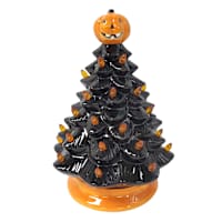 Happy Haunting Jack-o'-Lantern Topped Black Halloween Ceramic Tree, 9.8"