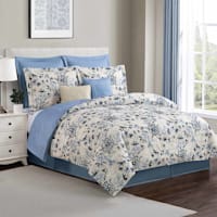 8-Piece Blue & White Floral Linen Essential Comforter Set, Queen