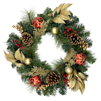 Red & Gold Ornament & Pinecone Wreath, 24"
