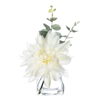 White Dahlia & Eucalyptus Floral Arrangement in Glass Vase, 10"
