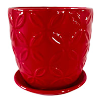 Indoor Red Flower Embossed Ceramic Pot with Saucer, Medium