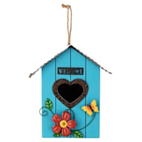 Blue Birdhouse with Floral Accents, 10"