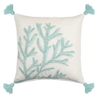 Ty Pennington White & Aqua Coral Embroidered Outdoor Throw Pillow with Tassels, 20"