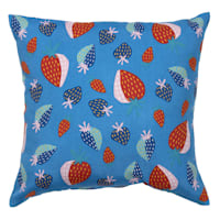 Blue Strawberries Print Square Outdoor Throw Pillow, 17"