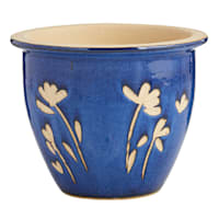 Blue Flowers Carved Ceramic Outdoor Planter, Small