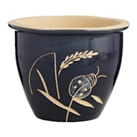 Dark Blue Carved Ceramic Outdoor Planter, Medium