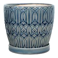 Embossed Blue Indoor Ceramic Pot with Saucer, Medium