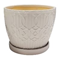 Embossed White Indoor Ceramic Planter with Saucer, Small